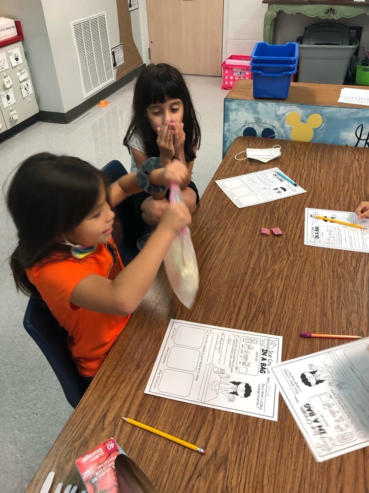 2nd grade experimenting with using temperature to change matter by creating ice cream 