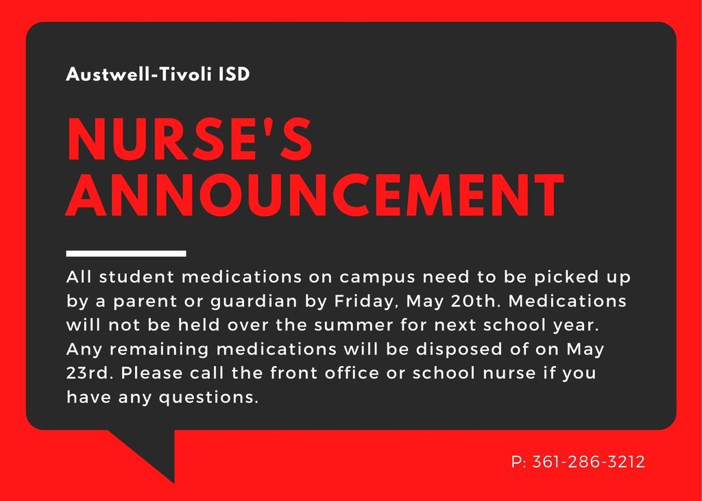 Student medications must be picked up by May 20th