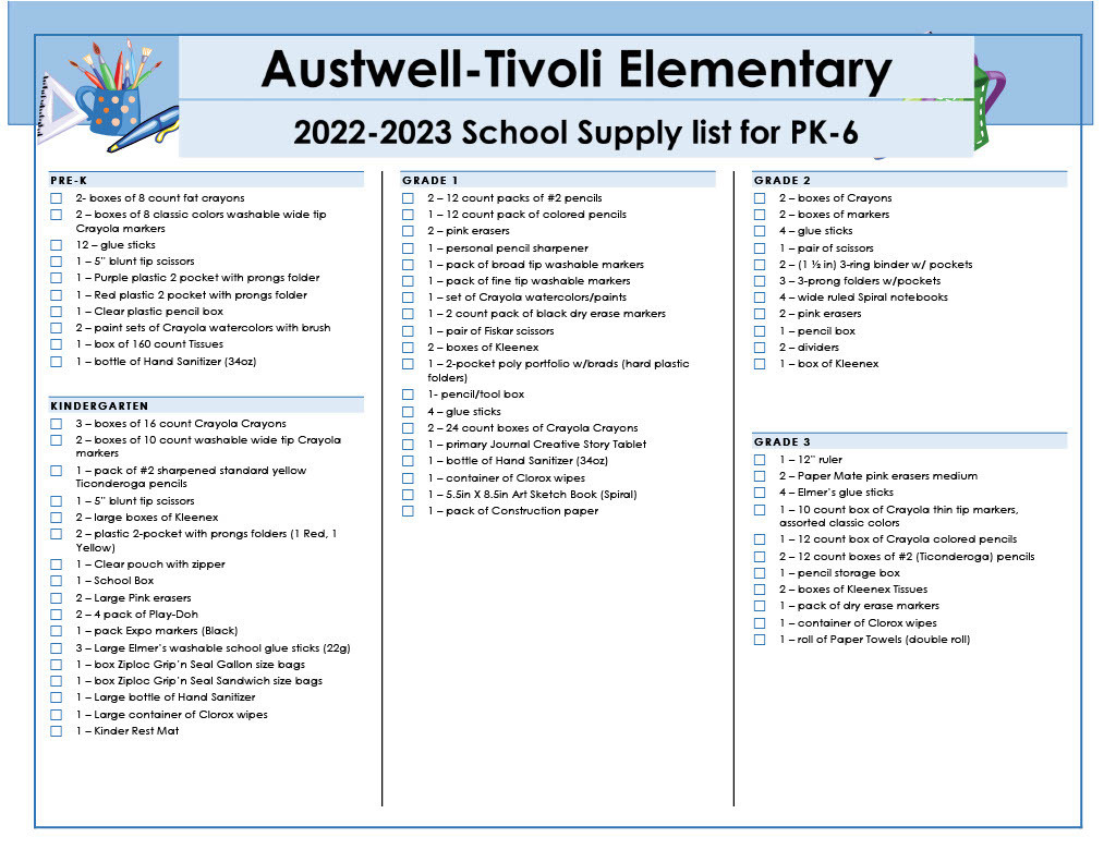 Austwell-Tivoli Elementary School Supplies List 22-23