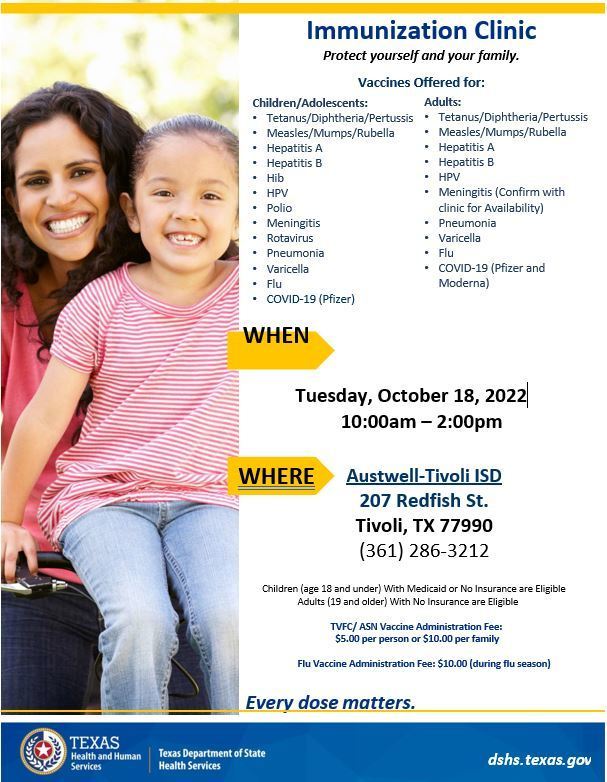 Vaccination clinic Tuesday, October 18th from 10am - 2pm in the Administration Building
