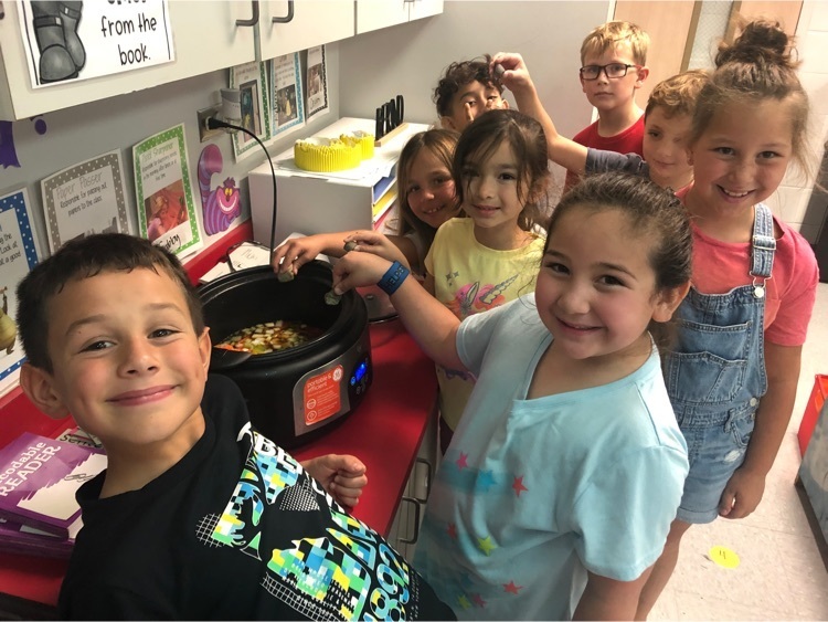 2nd graders spent the week reading the folktale Stone Soup, and today they made their own stone soup (chicken gnocchi soup). 